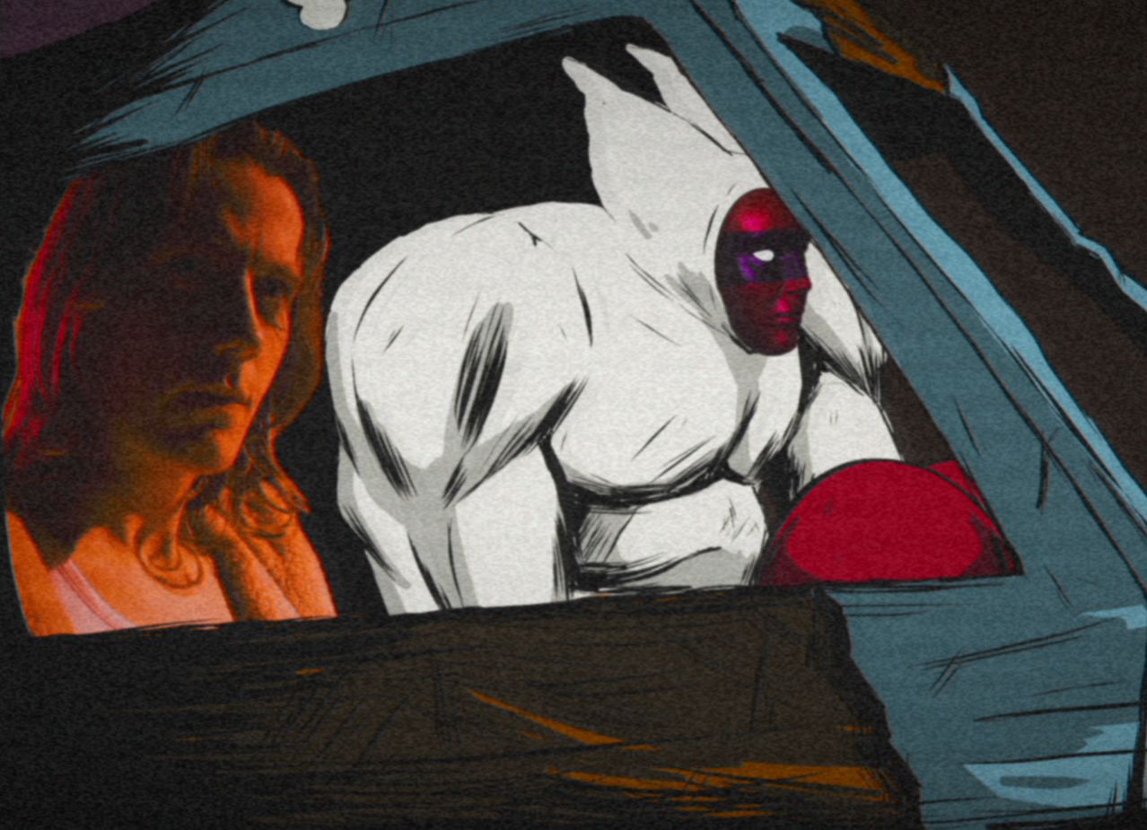 Frame of Gumshoe and Quinn in car onscreen