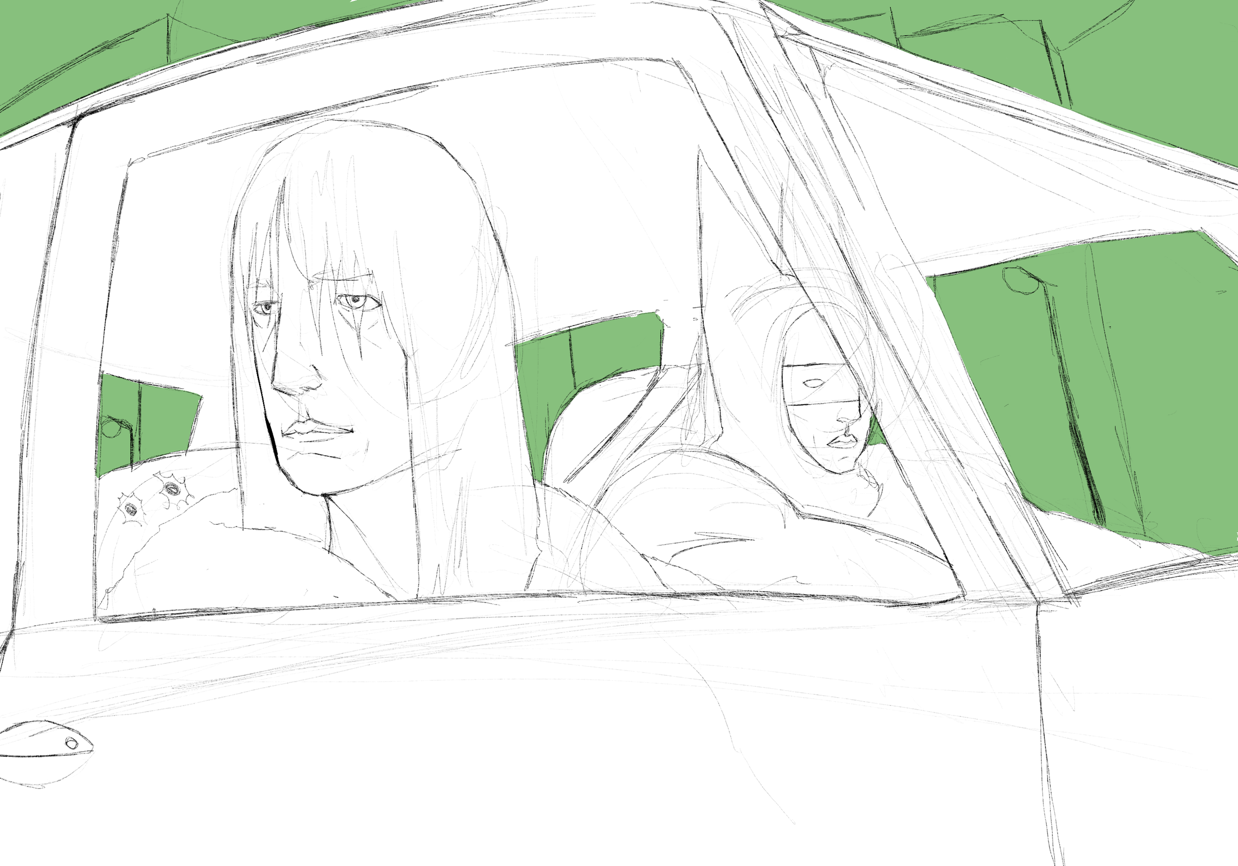 Gumshoe and Quinn in car sketch