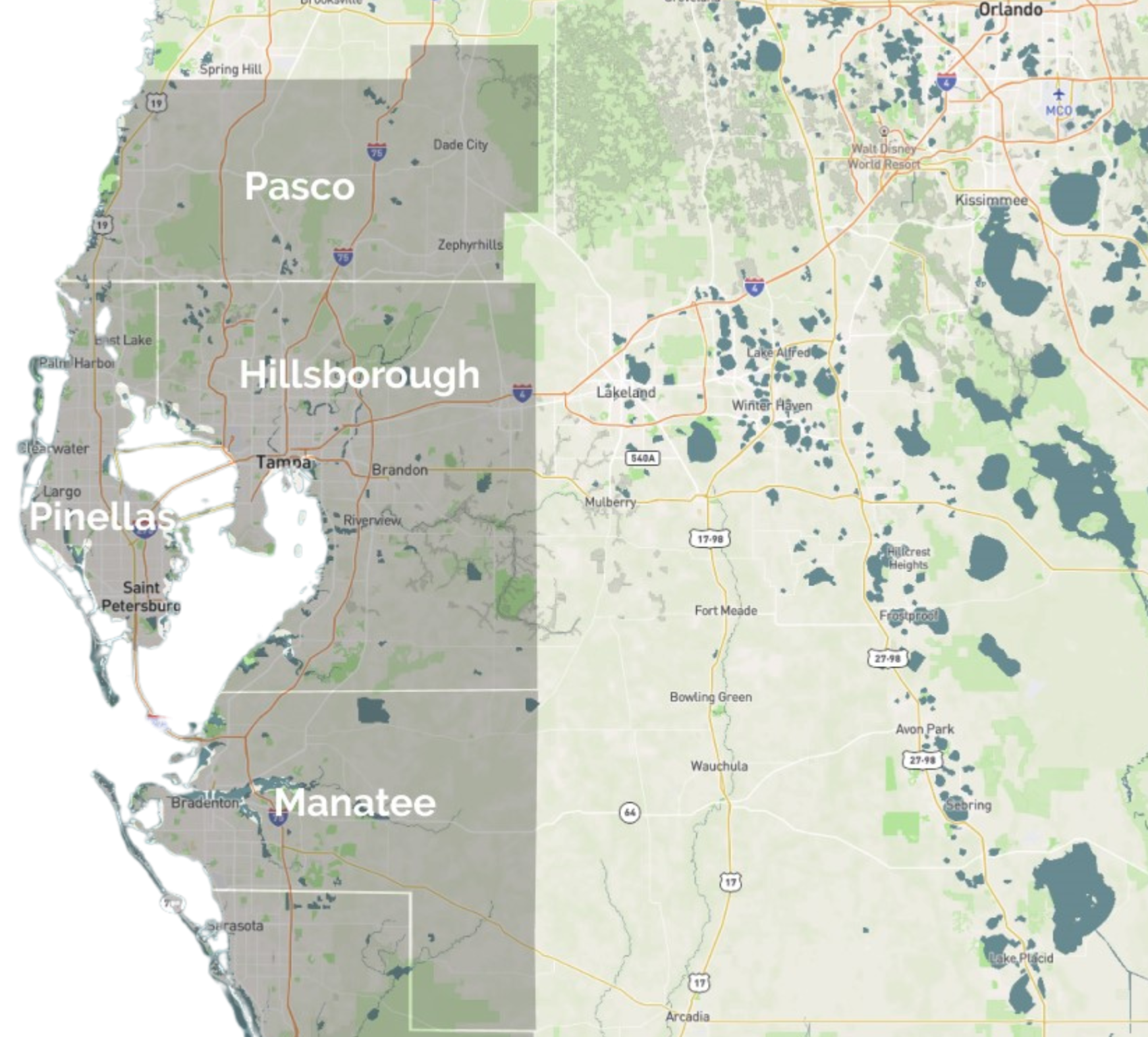 Image of central florida counties pasco pinellas hilsborough and manatee counnties