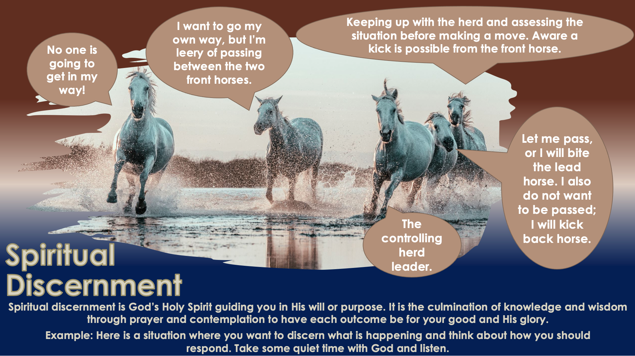 Sa herd of white horses running in a stream, each horse is thinking something, what to do, brown text bubbles, brown and blue background, water droplets, water splashing, running horses