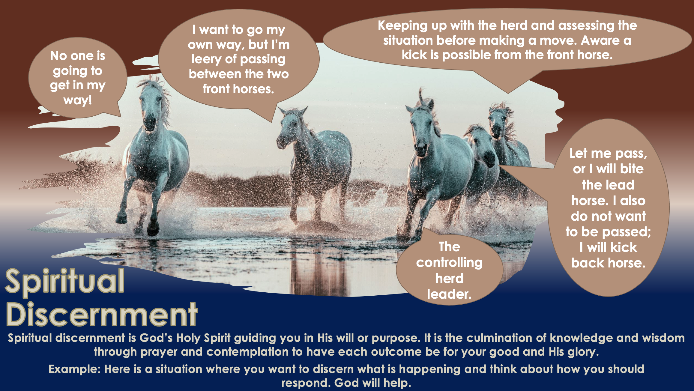 Horses running through water, thought bubbles, decision-making, deep blue splashing water, water droplets, bottom is the sea, brown and blue colors, dynamic scene,