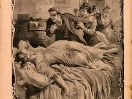 A sepia-toned illustration of a woman lying in bed, being visited by two men and a woman, in a vintage style.