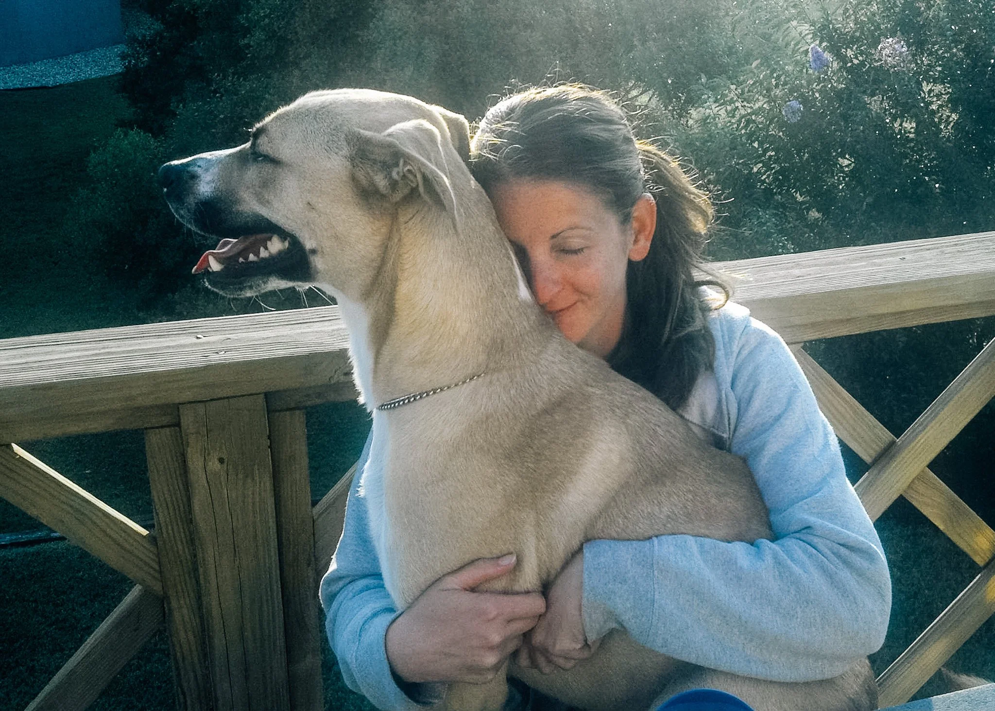 A white woman hugs a large fawn-colored dog who appears to be sitting on her lap. Her eyes are closed and she is smiling. The dog appears to be smiling too.