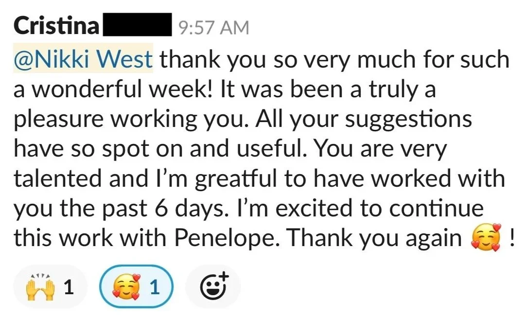 Screenshot of client comment saying "All your suggestions have been so spot on and useful. You are very talented and I'm grateful to have worked with you the past 6 days."
