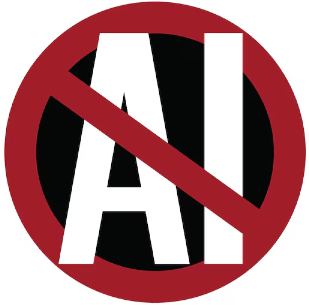 The letters "AI" (for artificial intelligence) with the "no" symbol overtop of it, signifying that there is no AI on this website.