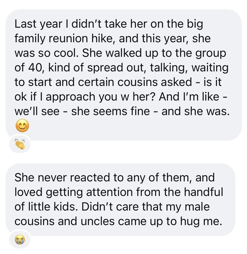 Screenshot of two messages detailing a dog's ability to go on a large group hike and not react to strangers.
