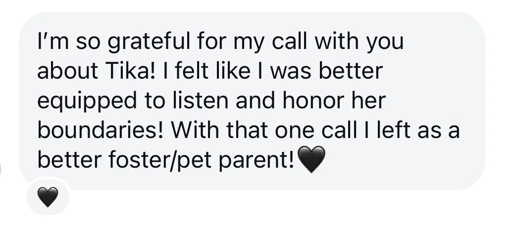 Screenshot of a social media comment expressing gratitude for the consultation call and expressing how she felt better equipped to care for her foster dog.