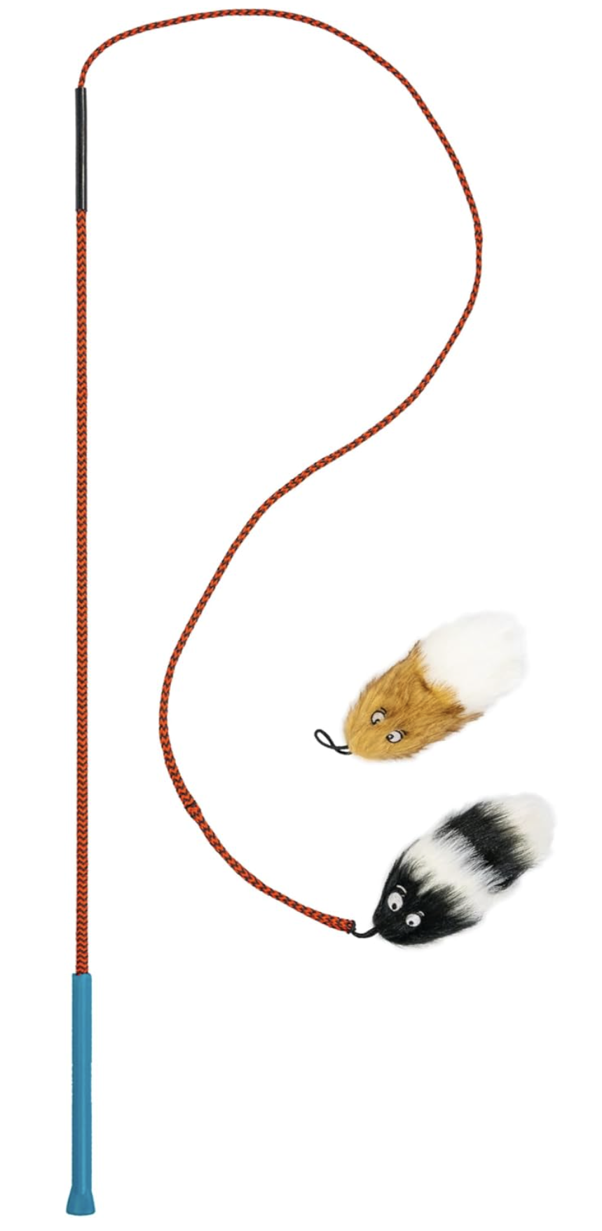 Flirt pole with a toy that looks like a small rodent on the end.