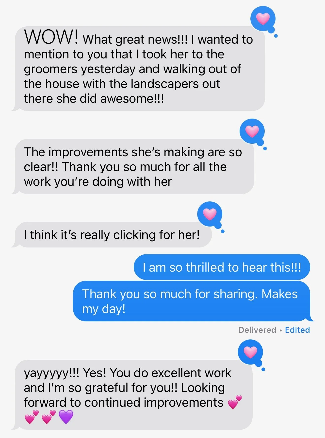 Screenshot of a client message saying "the improvements she's making are so clear!! Thank you so much for all the work you're doing with her"