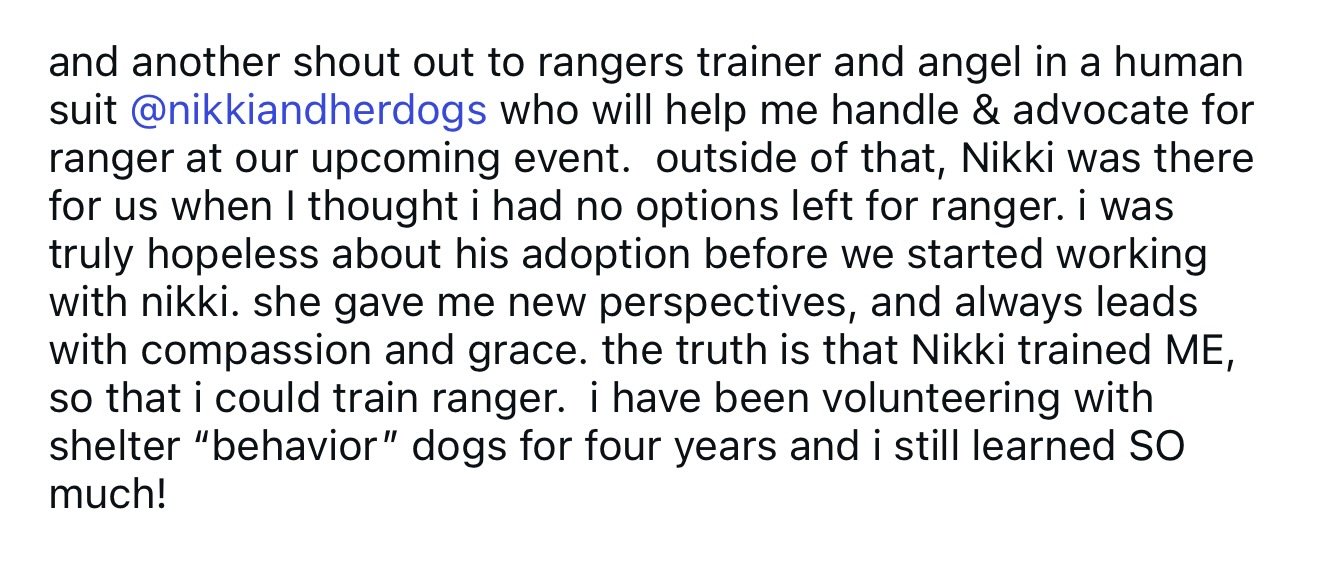 Screenshot of a social media caption saying how much she learned about dogs and training. 