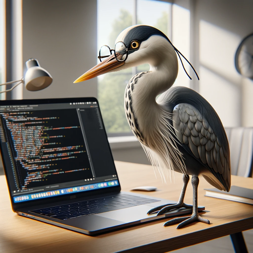 čaplja s naočalama koja uči programirati u pythonu na laptopu