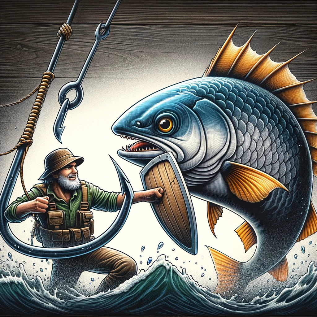 riba koja se borbeno brani štitom protiv ribara i divovske udice