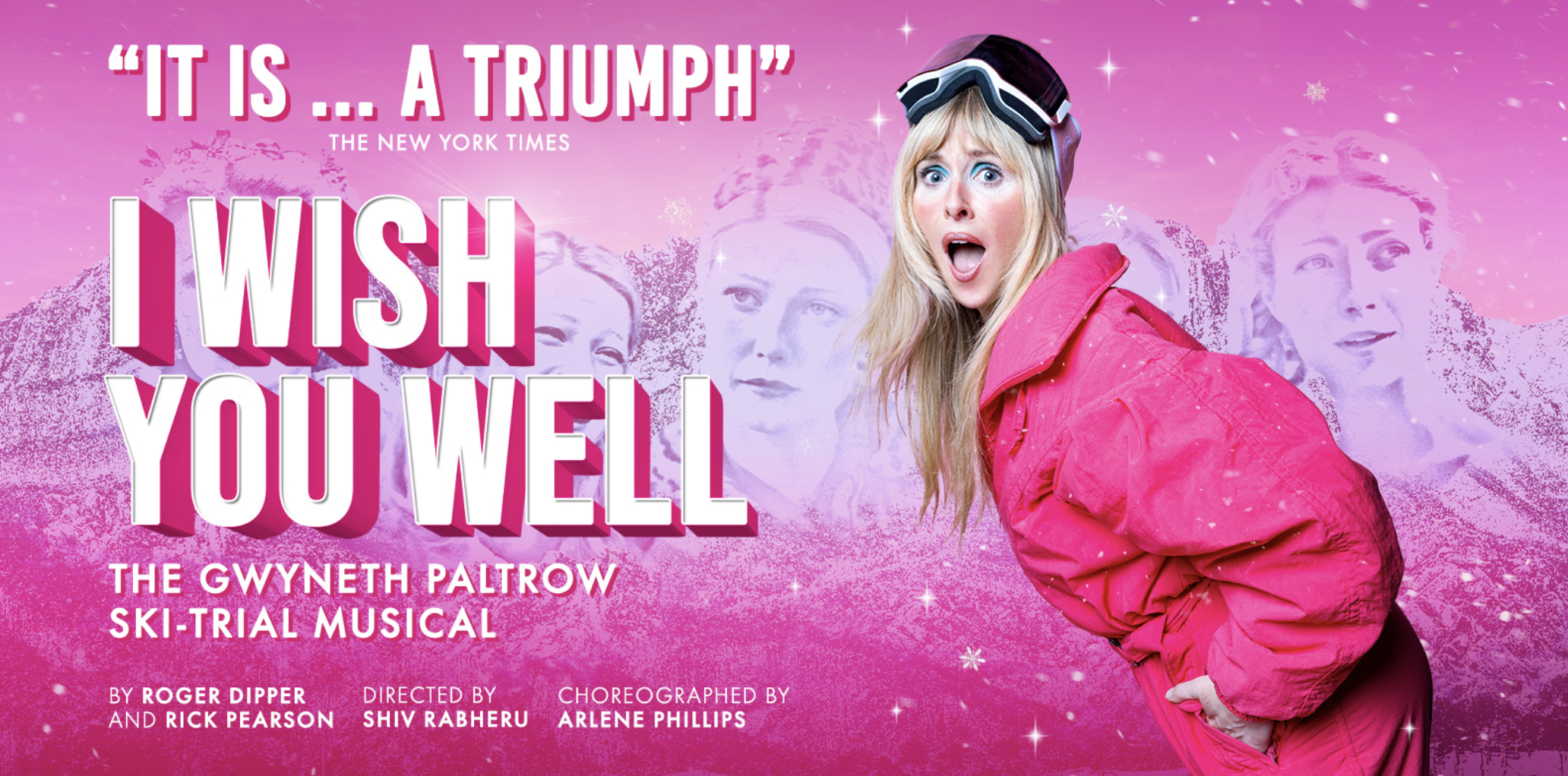 Pink promotional poster for the Gwenyth Paltrow ski-trial musical titled "It is... a Triumph," featuring Gwenyth Paltrow in a pink jacket with a surprised expression, alongside stylized background images of her face and snowflakes.