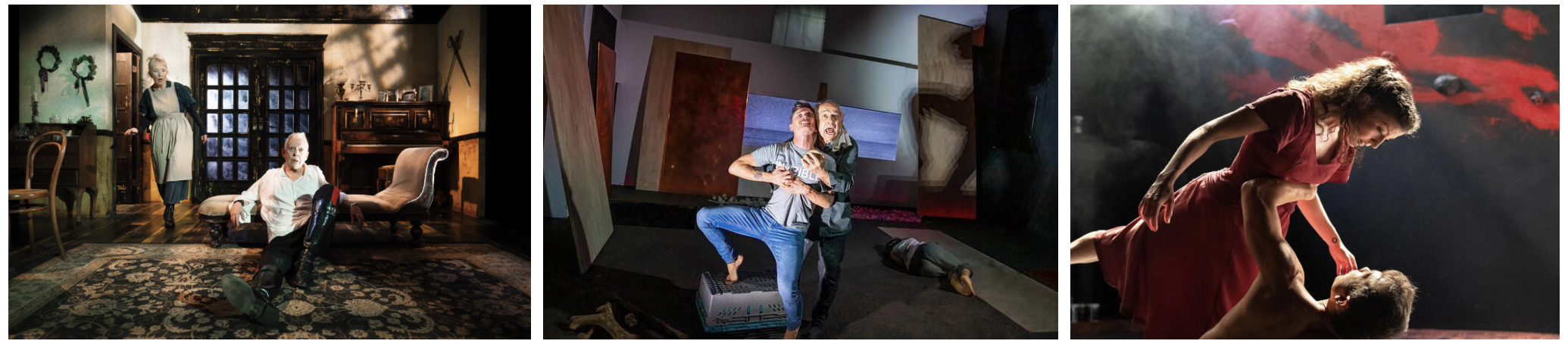 Triptych of theatrical scenes with actors in dramatic poses and settings.