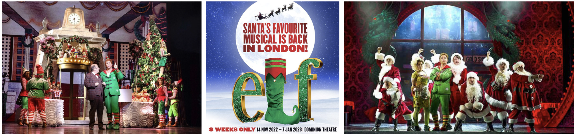 Three images of holiday-themed stage productions with Santa Claus and elves. The first shows elves preparing gifts around a decorated fireplace, the second is a promotional poster for a Christmas musical called 'Elf,' and the third features characters dressed as Santa and elves posing on stage with a dragon backdrop.