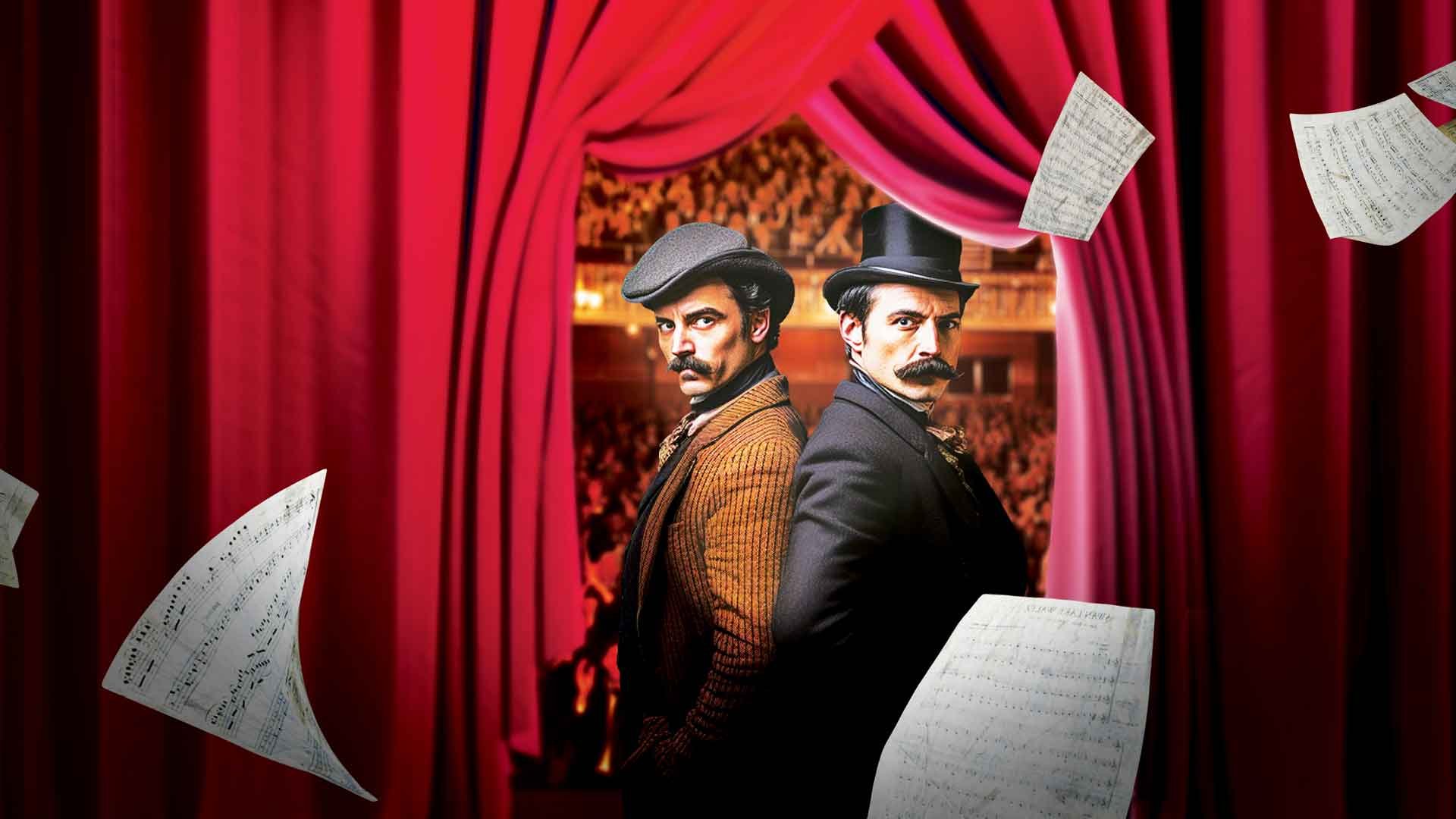 Two men with mustaches and vintage clothing standing back-to-back behind an open red theater curtain, with sheet music falling around them, and an audience in the background.