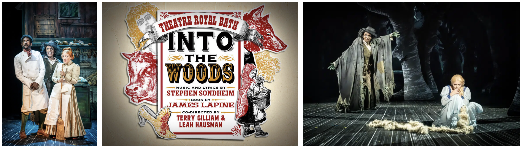 A collage of three images promoting the musical 'Into the Woods.' The left image shows three actors in costume on stage, appearing to be in a scene from the show. The middle image is a colorful poster with the title 'Into the Woods,' featuring illustrations of a wolf, a girl with a basket, and a lion, along with the names of the creators. The right image depicts two actresses in costume on stage, with one standing and gesturing dramatically and the other sitting on the floor, in a forest setting.