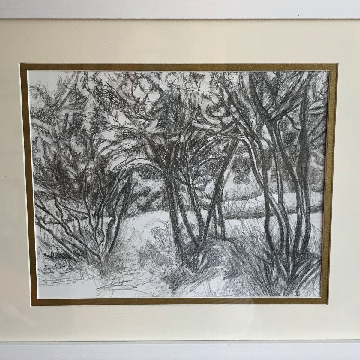 A monochrome sketch of a serene forest scene with bare trees, capturing the quiet beauty of nature in winter.