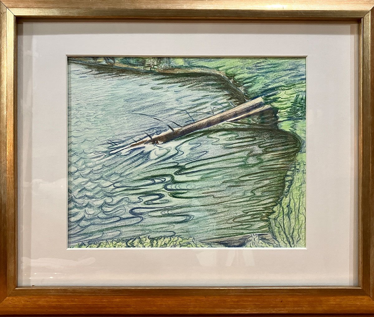 An impressionistic painting of a river bend, with calm blue waters meandering through a green landscape.