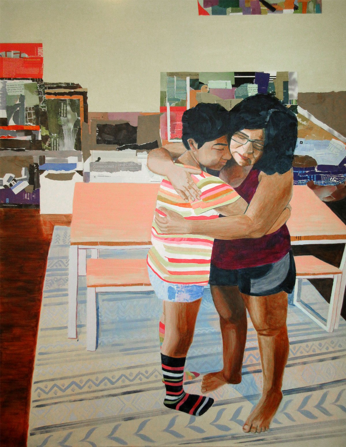 Mixed media artwork capturing a tender moment between a mother and child embracing in a room filled with moving boxes, conveying a sense of warmth and transition.