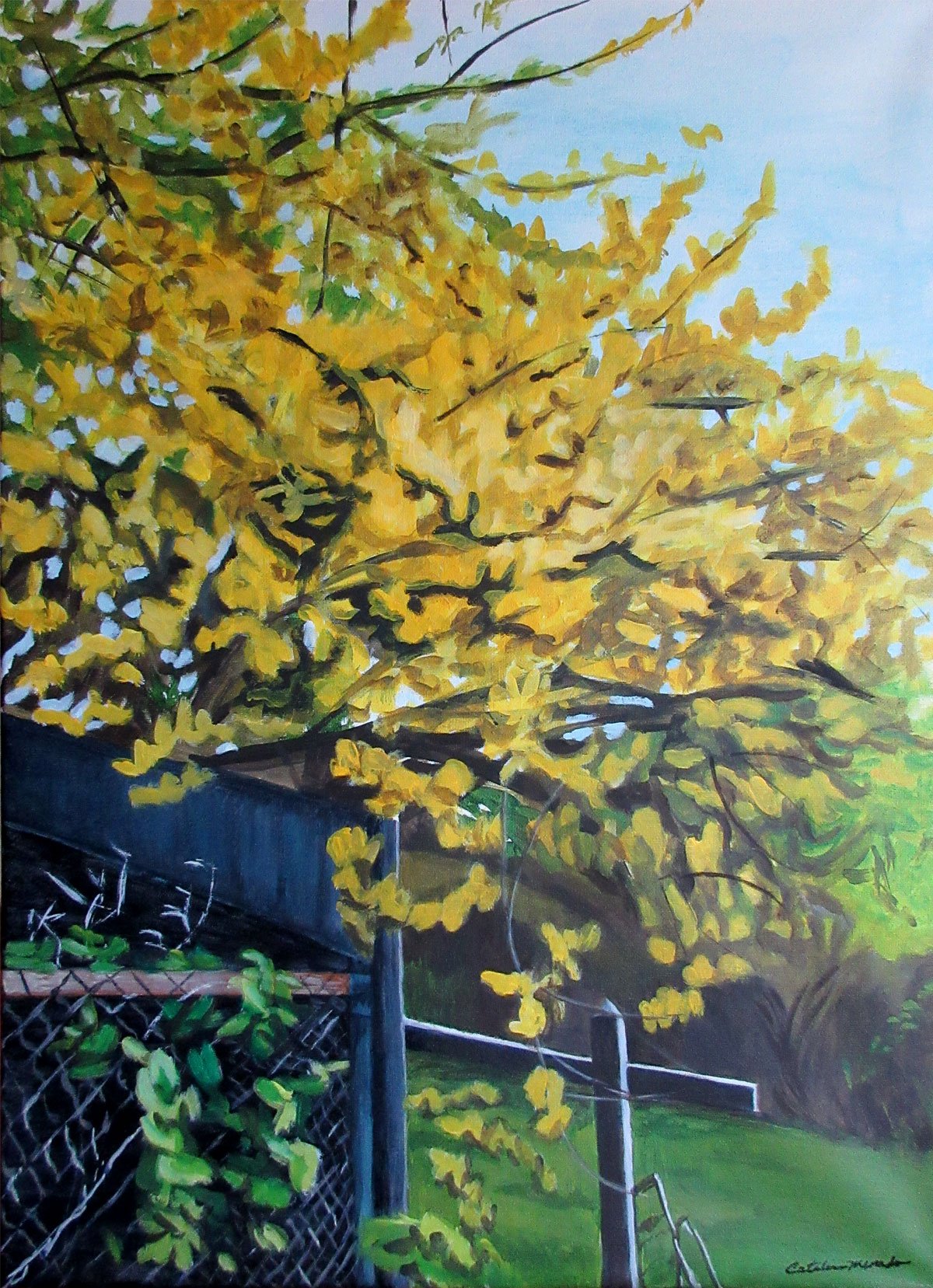 Painting of a ginkgo tree in full autumn splendor with its golden leaves contrasting against a dark fence and green foliage, capturing the essence of fall.