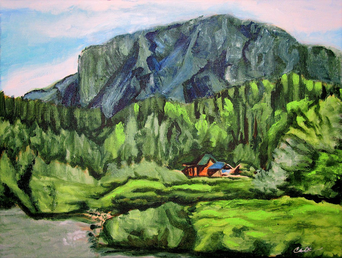 A tranquil landscape painting of a secluded cabin nestled among verdant forests at the base of a majestic mountain, invoking a sense of peaceful retreat in nature.