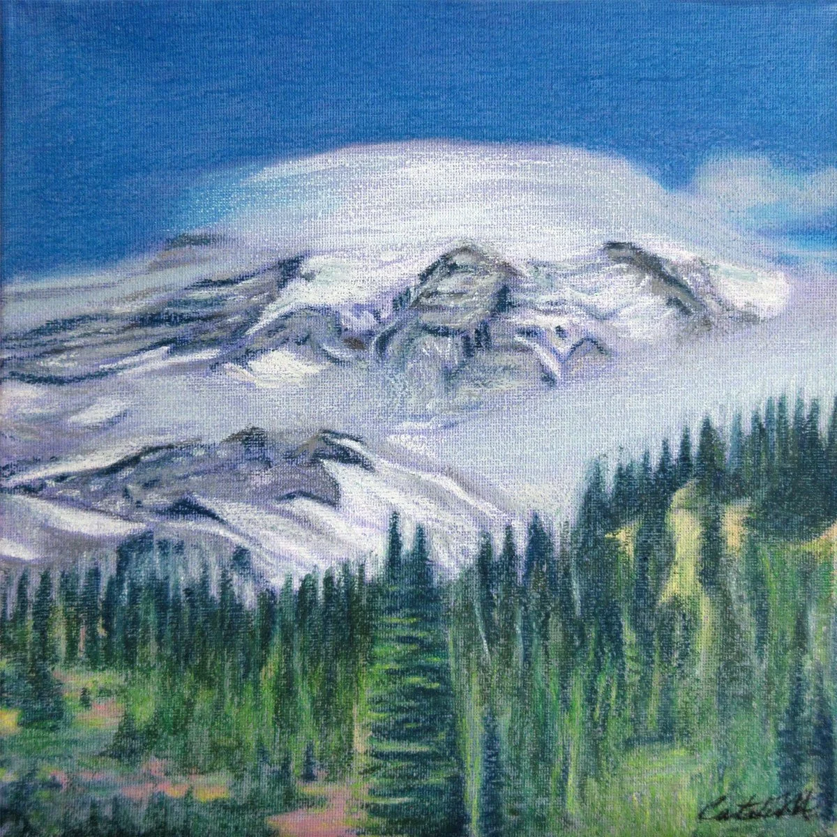 Acrylic painting of a majestic snow-capped mountain looming over a dense evergreen forest under a clear blue sky.