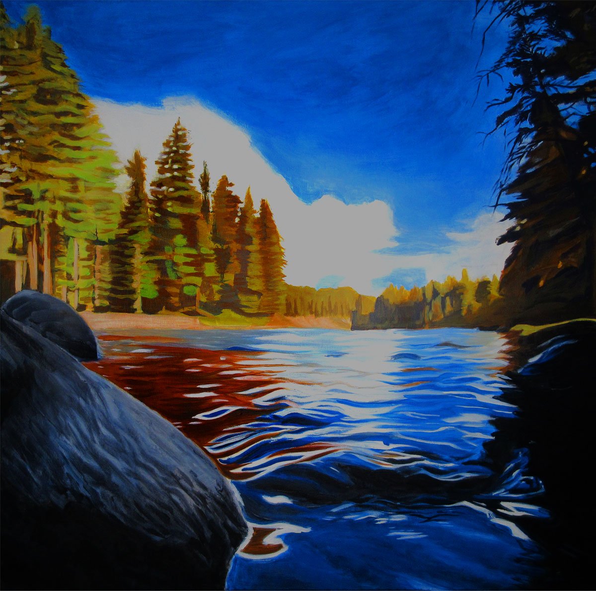 A vivid painting capturing the flowing waters of the Wenatchee River surrounded by a serene pine forest under a deep blue sky at dusk.