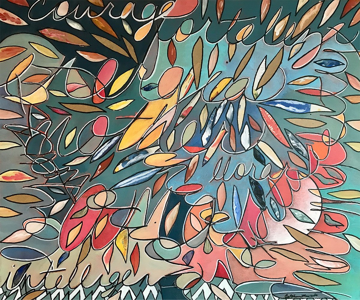 An abstract painting with calligraphic text 'Courage' interwoven among dynamic shapes in shades of blue, yellow, and red.