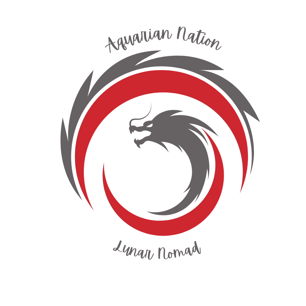 A logo with a black background, featuring a stylized dragon in gray with red accents, encircled by a spiral. The text 'Aquarian Nation' is at the top and 'Lunar Nomad' at the bottom, both in gray cursive font.
