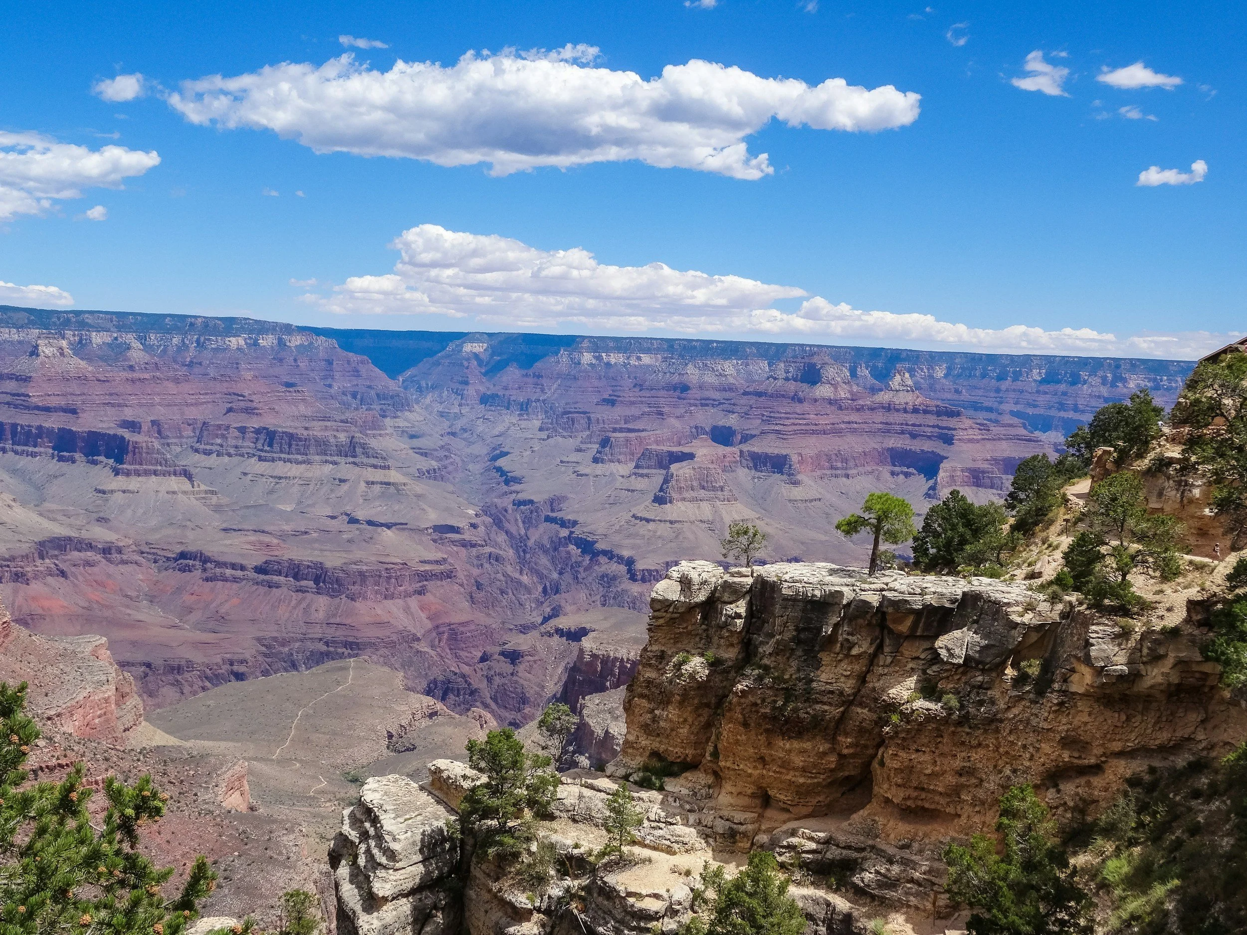 View of the Grand Canyon with layered rock formations, a partly cloudy sky, and sparse green trees on the rocky cliffs.