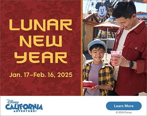 A poster announcing the Lunar New Year from January 17 to February 16, 2025, featuring Disney California Adventure with a 'Learn More' button. Next to the poster, a man and a boy are enjoying drinks at an amusement park, with Mickey Mouse visible in the background.