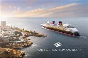 A cruise ship sailing near a coastline with buildings and palm trees during sunset or sunrise, with text that reads 'Disney Cruises from San Diego'.