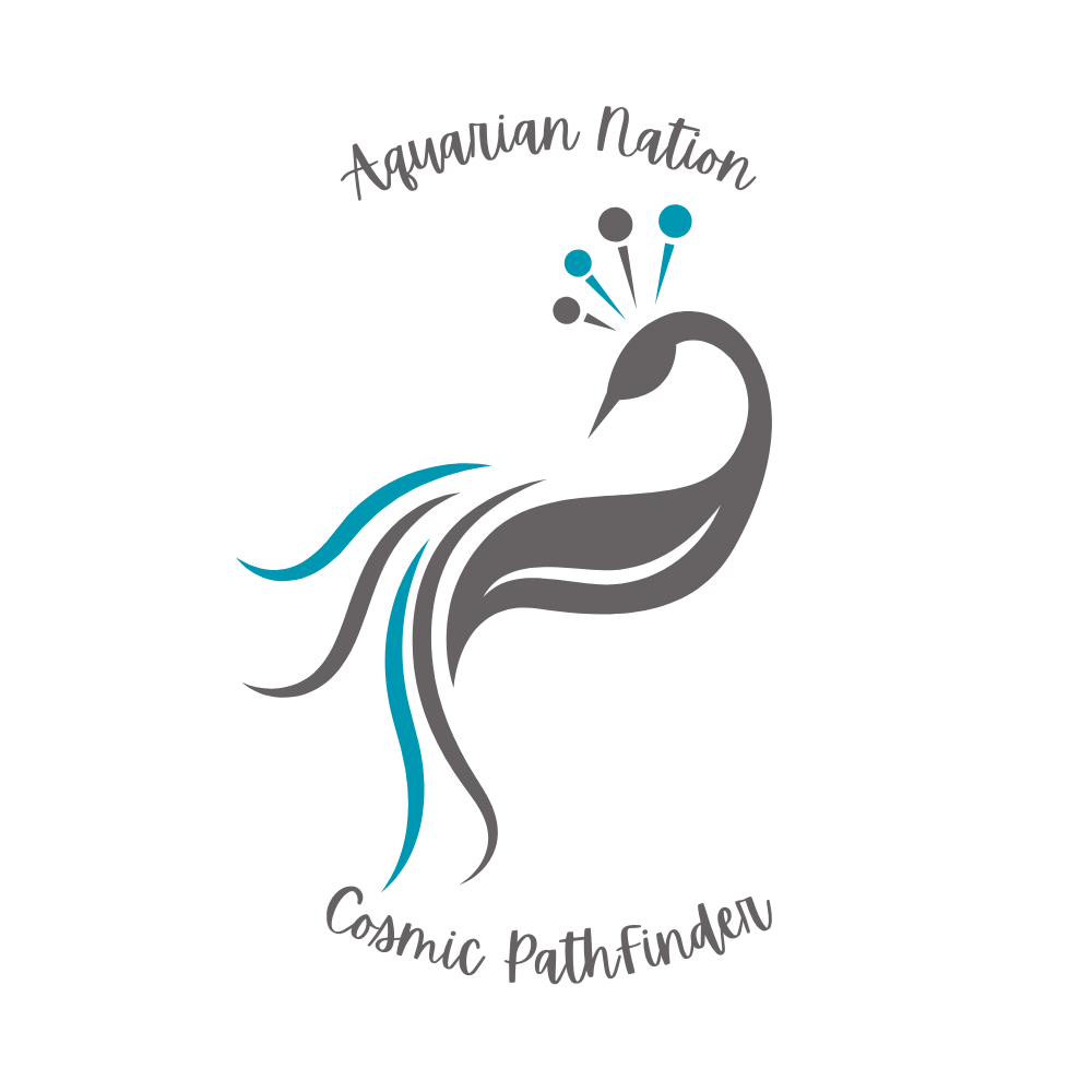 A stylized drawing of a peacock with abstract lines and shapes, incorporating blue and gray colors. Text above reads "Aquarian Nation" and below reads "Cosmic Pathfinder."