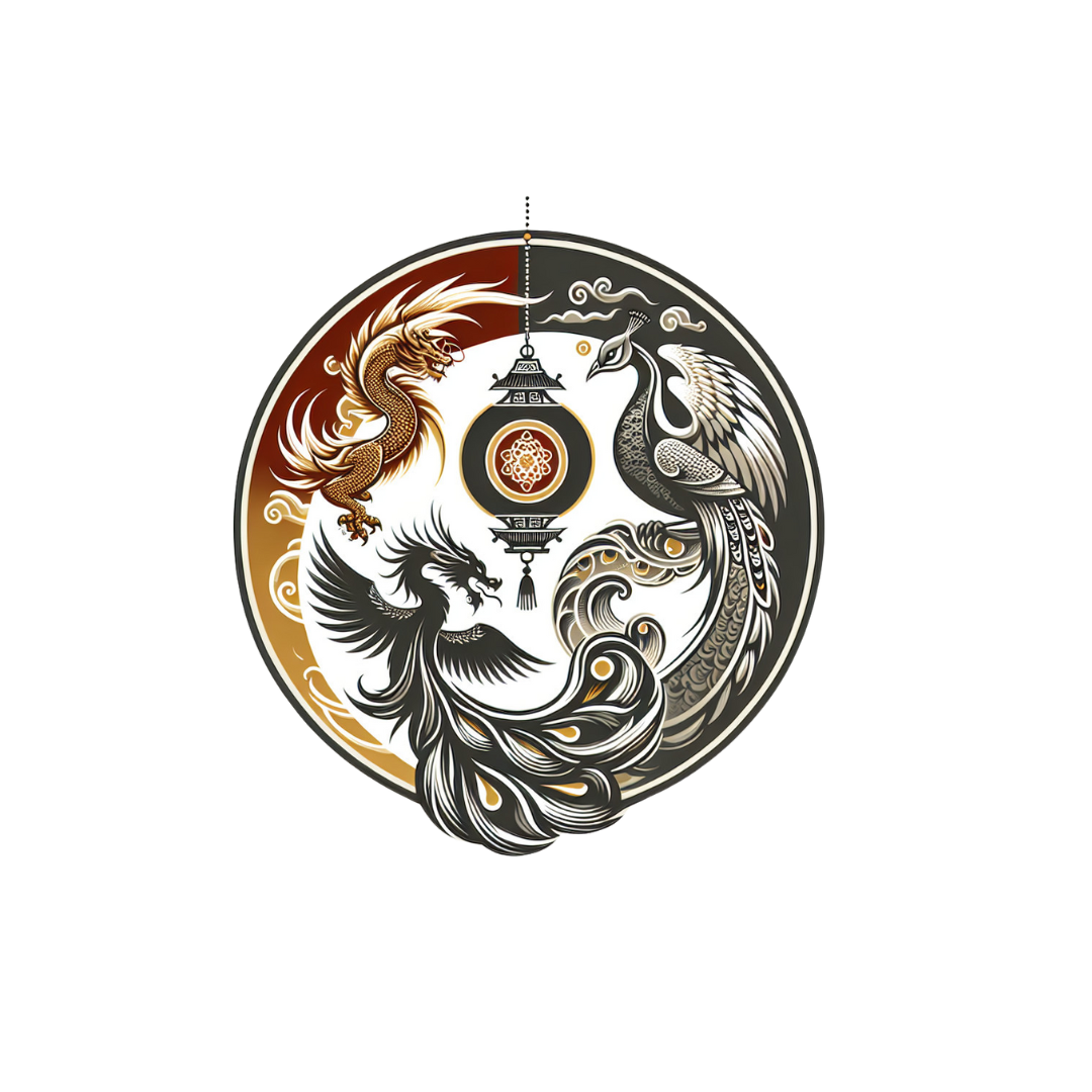 Circular design featuring a dragon on the left, a phoenix on the right, and a central hanging lantern with intricate patterns.