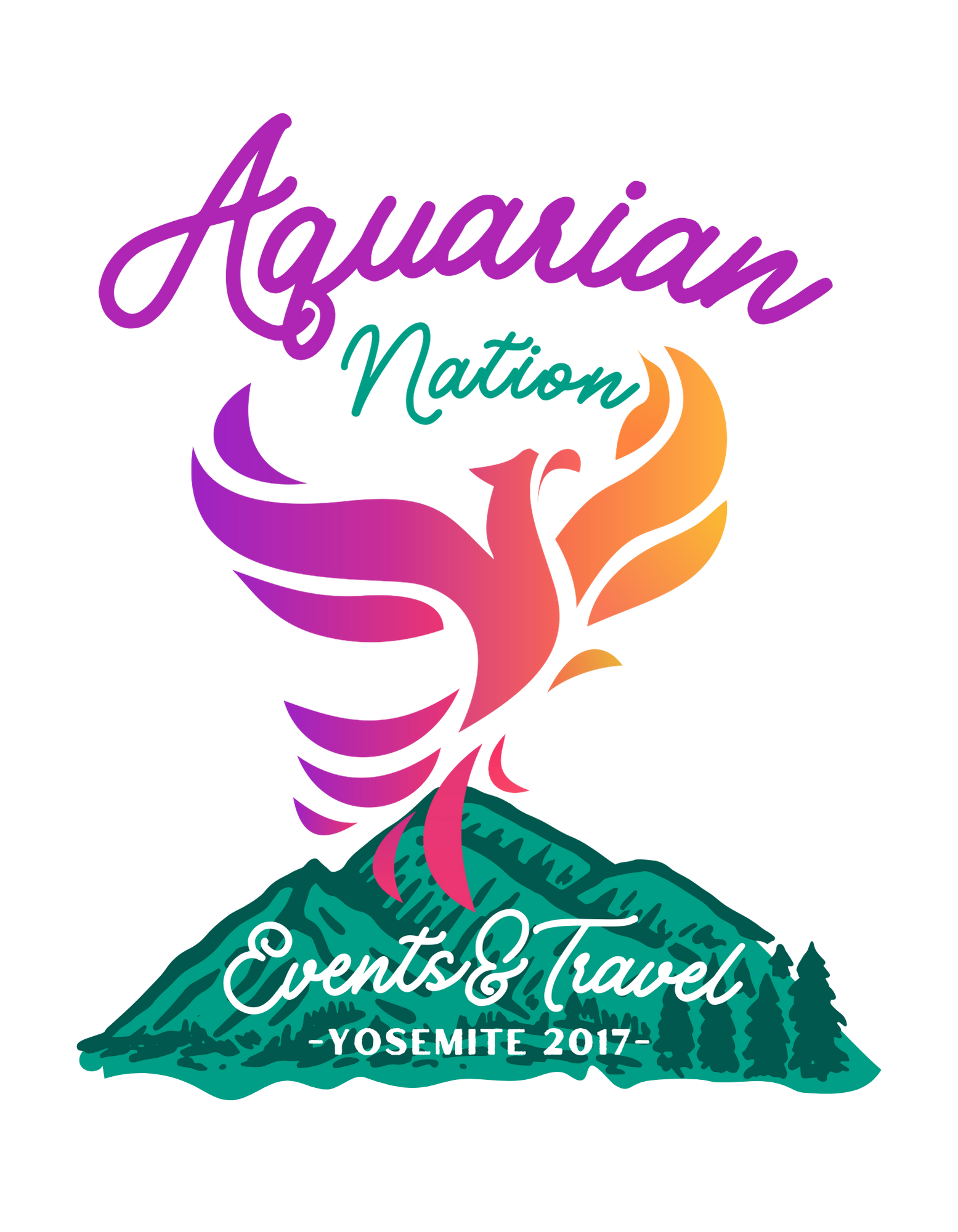 A colorful graphic logo for 'Events & Travel Yosemite 2017' featuring a stylized mountain with trees and a pink pathway, with rainbow-colored smoke or clouds above.
