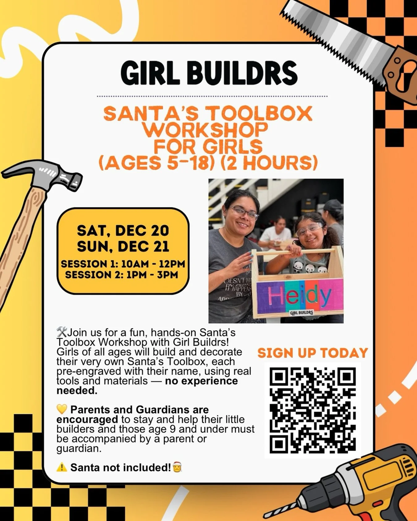 🛠️ Join us for a fun, hands-on Santa&rsquo;s Toolbox Workshop with Girl Buildrs!

In this workshop, girls will build and decorate their very own Santa&rsquo;s Toolbox, each pre-engraved with their name, while learning beginner-friendly woodworking s