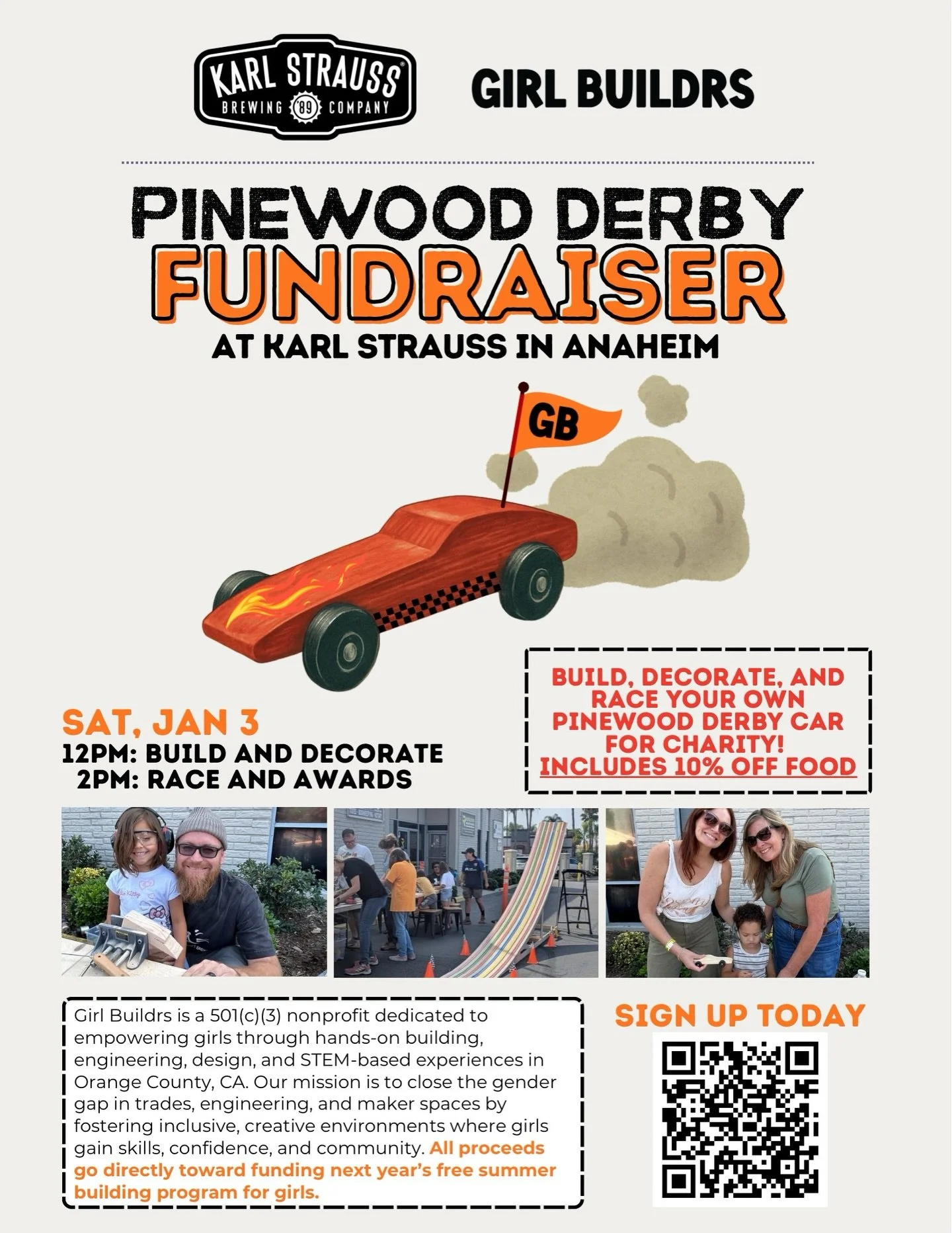 🏁 Hitting the ground running with a Pinewood Derby Fundraiser at Karl Strauss in Anaheim!

🚗 We&rsquo;re kicking off 2026 with our favorite fun hands-on community event supporting our 2nd Annual Free Girls Summer Building Program. All proceeds from
