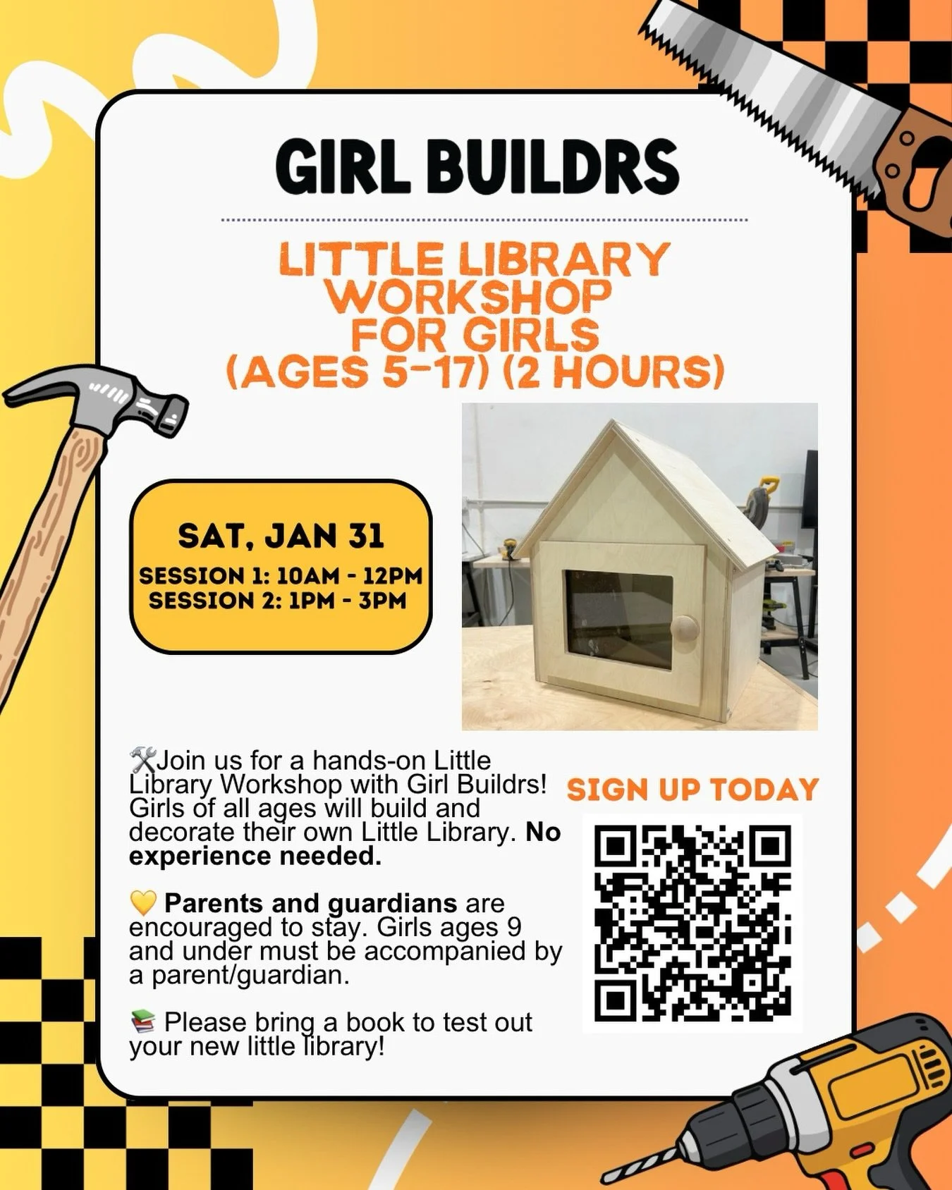 🛠️ Join us for a fun, hands-on Little Library Workshop with Girl Buildrs!

In this workshop, girls will build, paint, and decorate their very own Little Library while learning beginner-friendly woodworking skills using real tools and real materials.