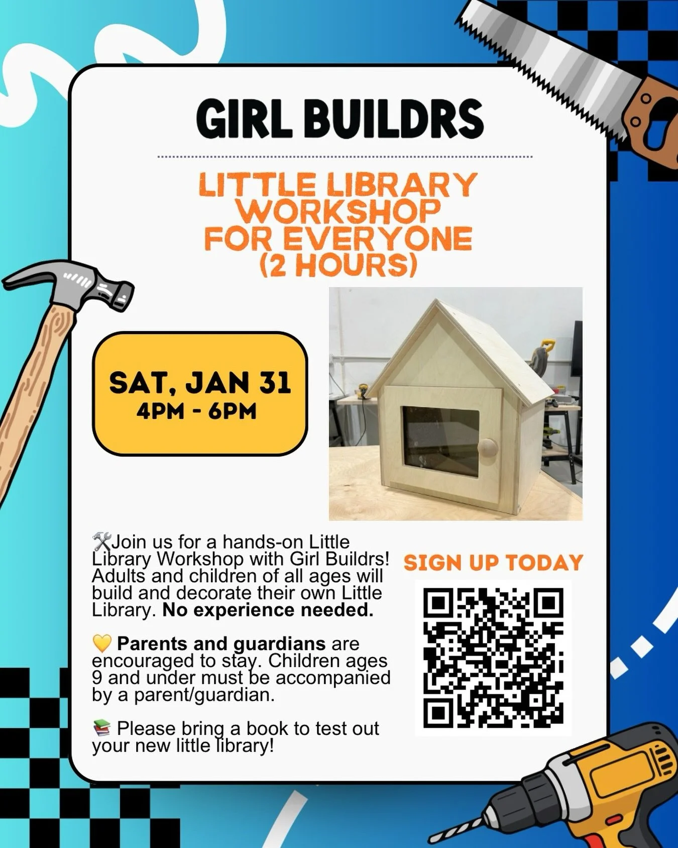 🛠️ We&rsquo;ve heard your requests, and now we&rsquo;re excited to open this workshop to everyone! Join us for a fun, hands-on Little Library Workshop with Girl Buildrs.

In this workshop, children and adults of all ages will build, paint, and decor