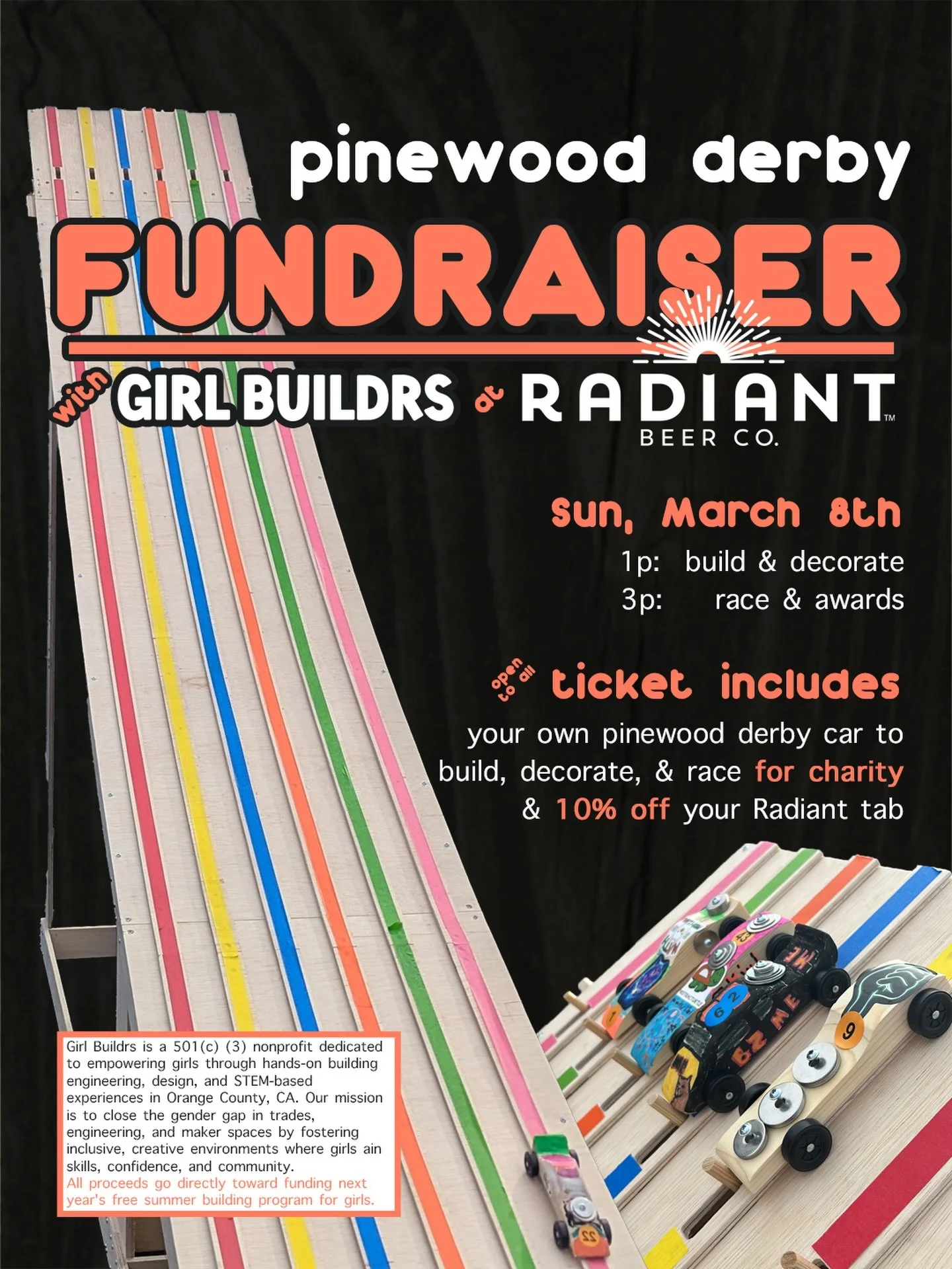 🏎️We&rsquo;re hitting the road again! Join us on Sunday, March 8, 2026 at Radiant Beer Co. for a Pinewood Derby Fundraiser celebrating International Women&rsquo;s Day. We&rsquo;re coming together to support the next generation of builders while rais