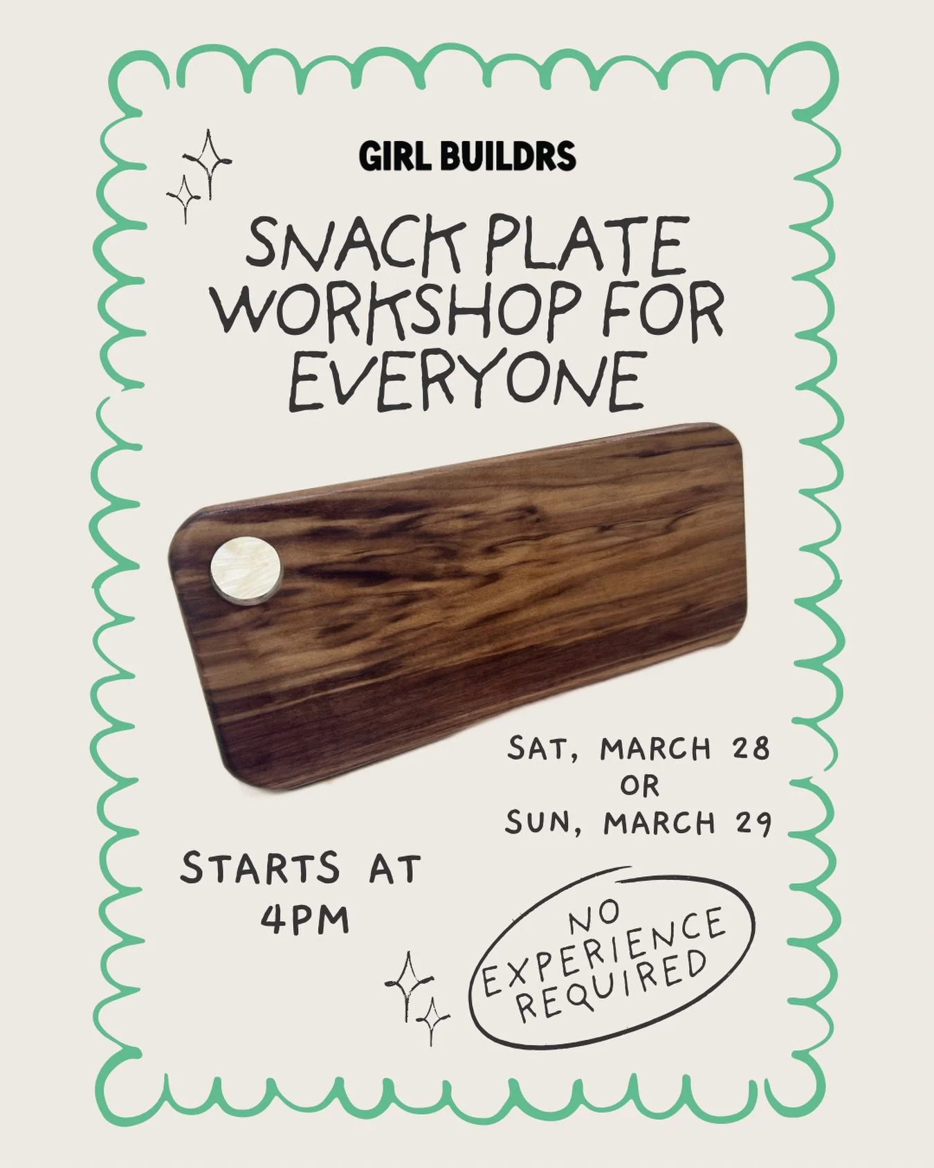 We&rsquo;re opening up an evening Snack Plate / Charcuterie Board Workshop for the whole community.

This session is open to all adults and children, so everyone can jump in, get hands-on, and build together in the shop.

You&rsquo;ll carve and shape
