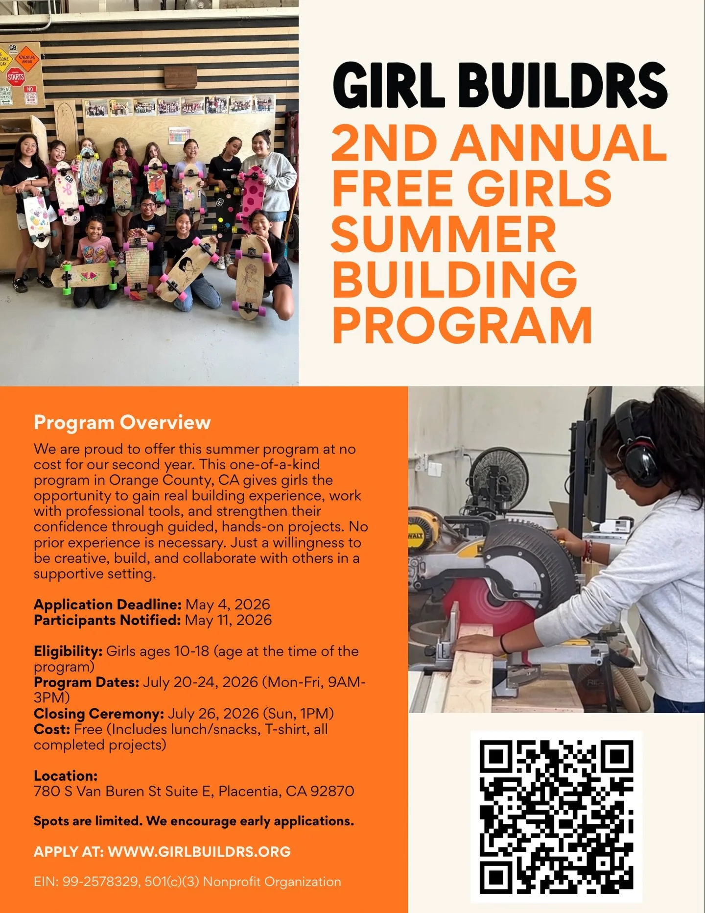 Applications for the 2nd Annual Free Girls Summer Building Program are now open 🎉

We are proud to offer this summer program at no cost for our second year. This one-of-a-kind program in Orange County, CA gives girls the opportunity to gain real bui