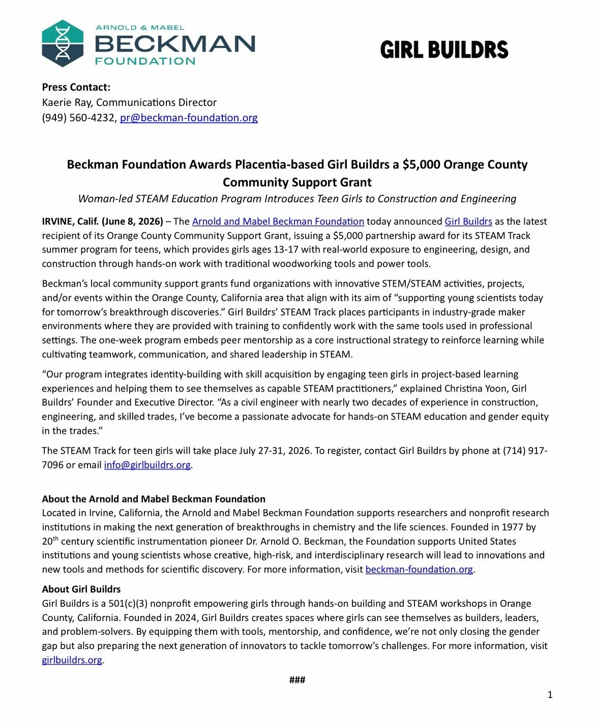 We&rsquo;re incredibly honored to share that we&rsquo;ve been awarded an Orange County Community Support Grant from the Arnold and Mabel Beckman Foundation @beckmanfoundation 

This grant will directly support the launch of our Teen Design &amp; Fabr