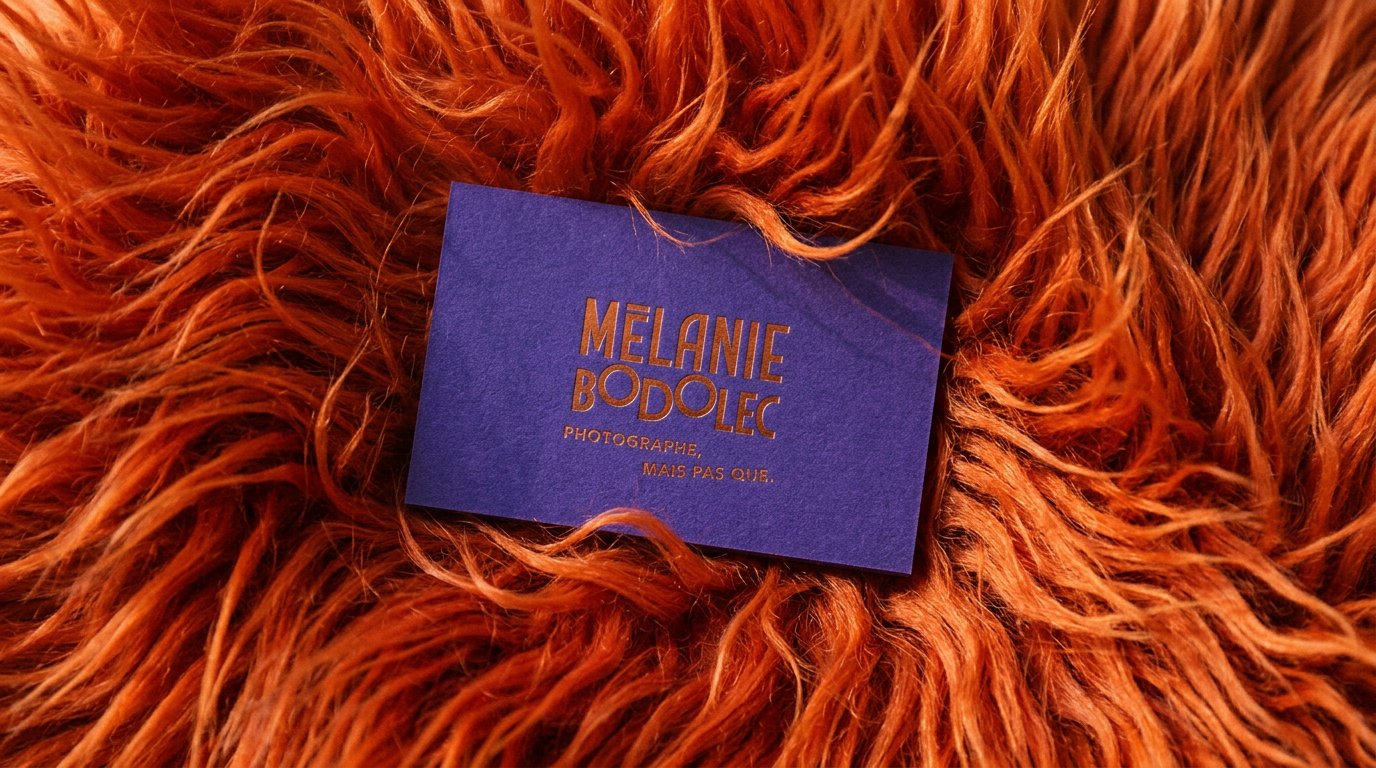carte de visite de la photographe Mélanie Bodolec, placée dans une fourrure orange