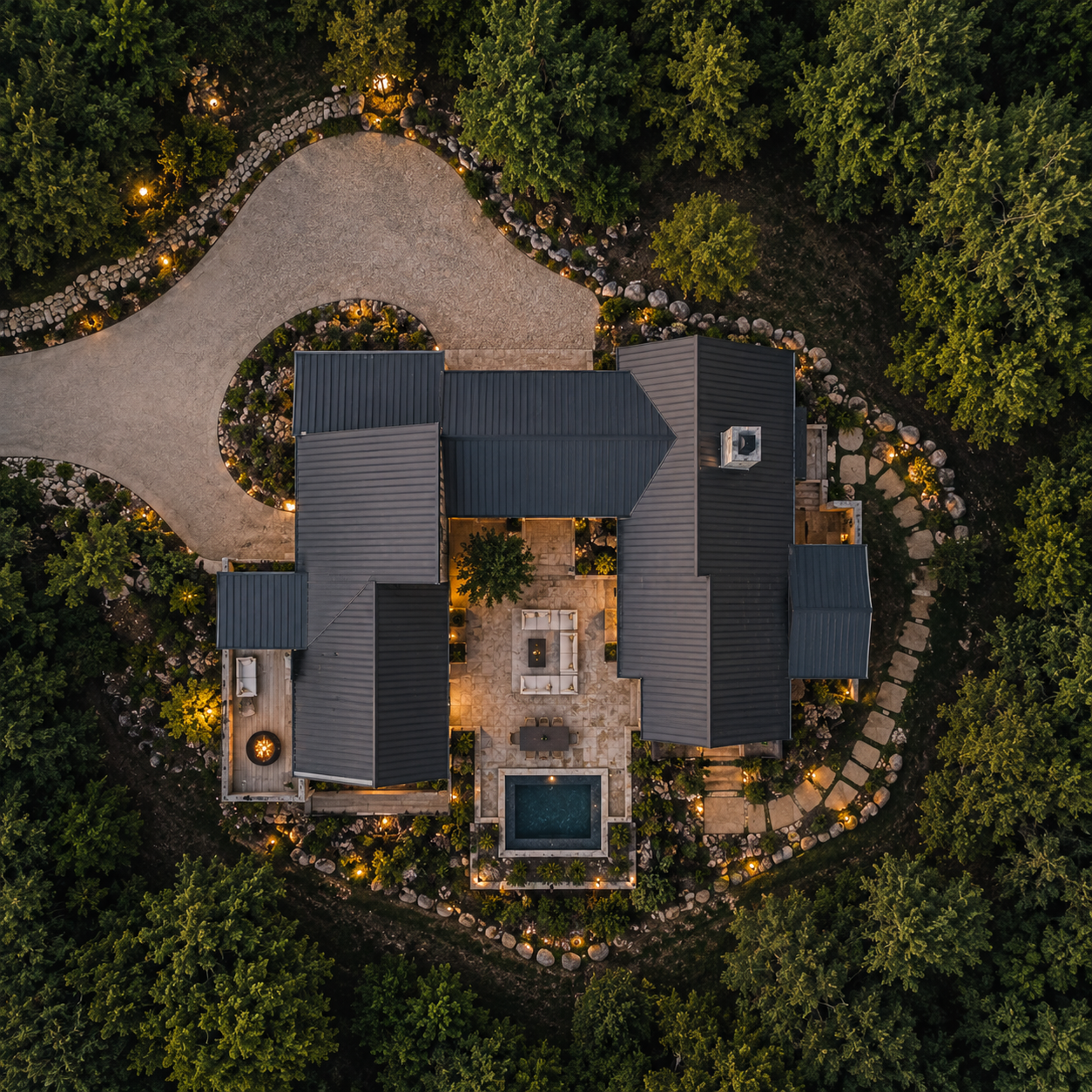 Aerial shot of large rustic modern home