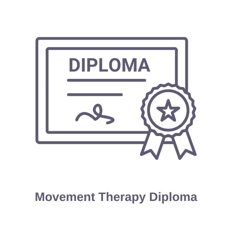 Illustration of a diploma certificate with a ribbon and a star, labeled as 'Movement Therapy Diploma', in blue outline.