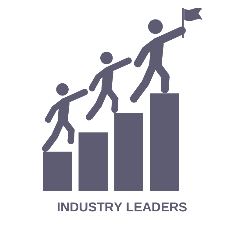 Two stylized figures on stair steps, one helping the other to climb, with the caption "Industry Leaders".