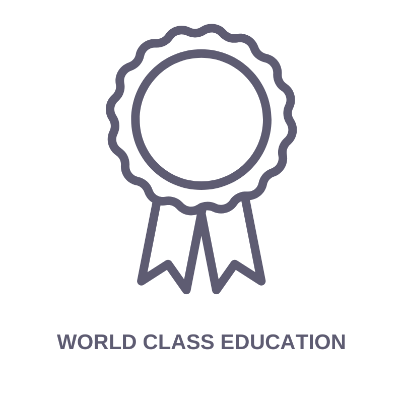 A stylized illustration of a medal ribbon with the words 'World Class Education' beneath it.