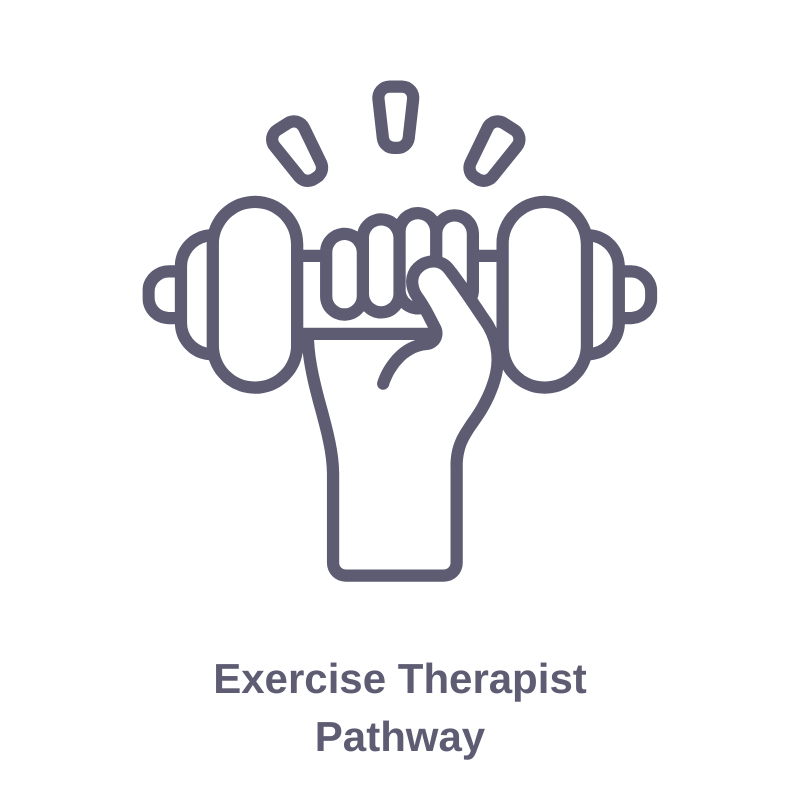 A line drawing of a hand gripping a dumbbell with three lines emanating from it, symbolizing strength or emphasis, above the words 'Exercise Therapist Pathway'.
